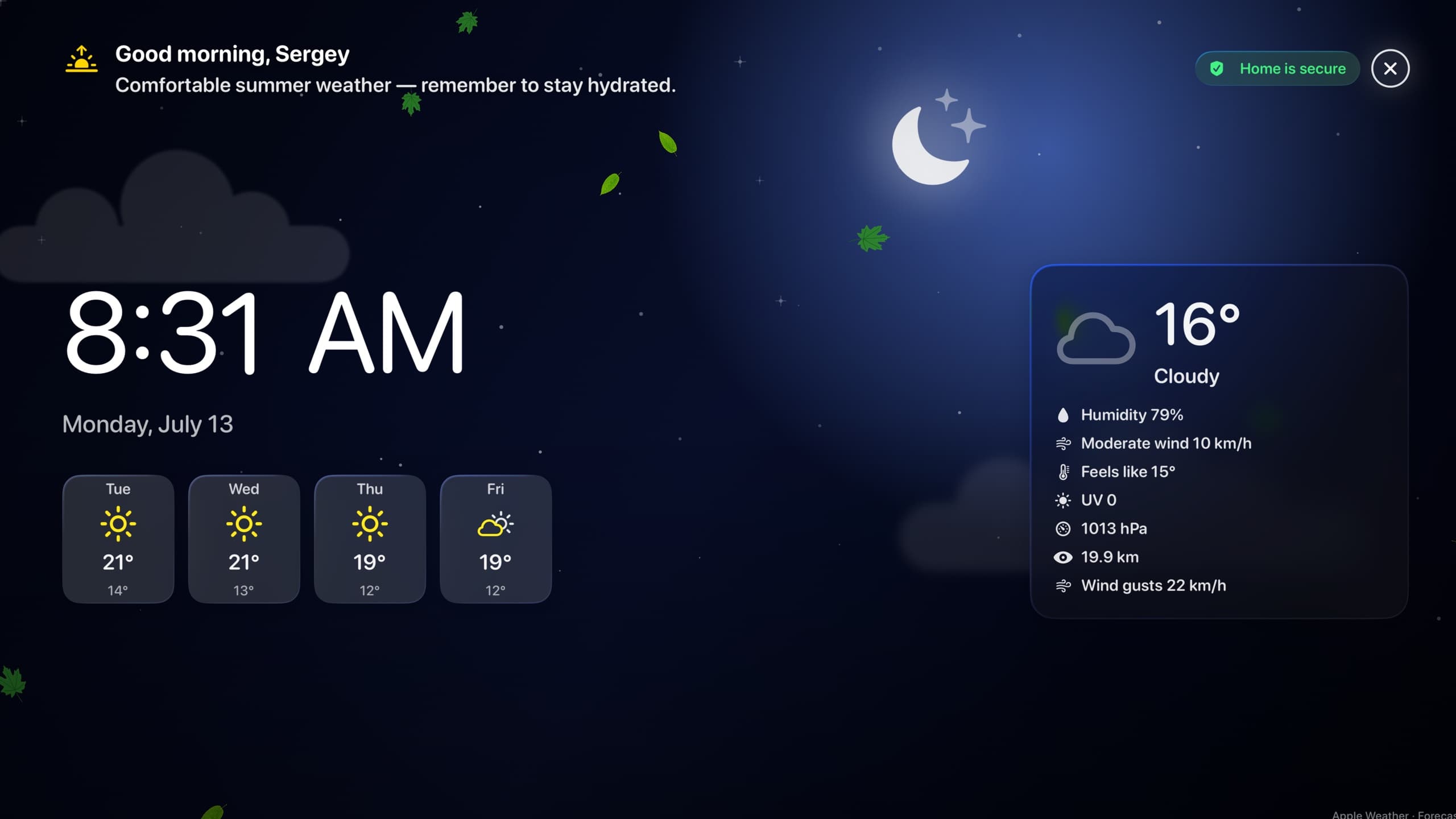 HomeDeck Ambient mode with time, weather forecast, and home security status