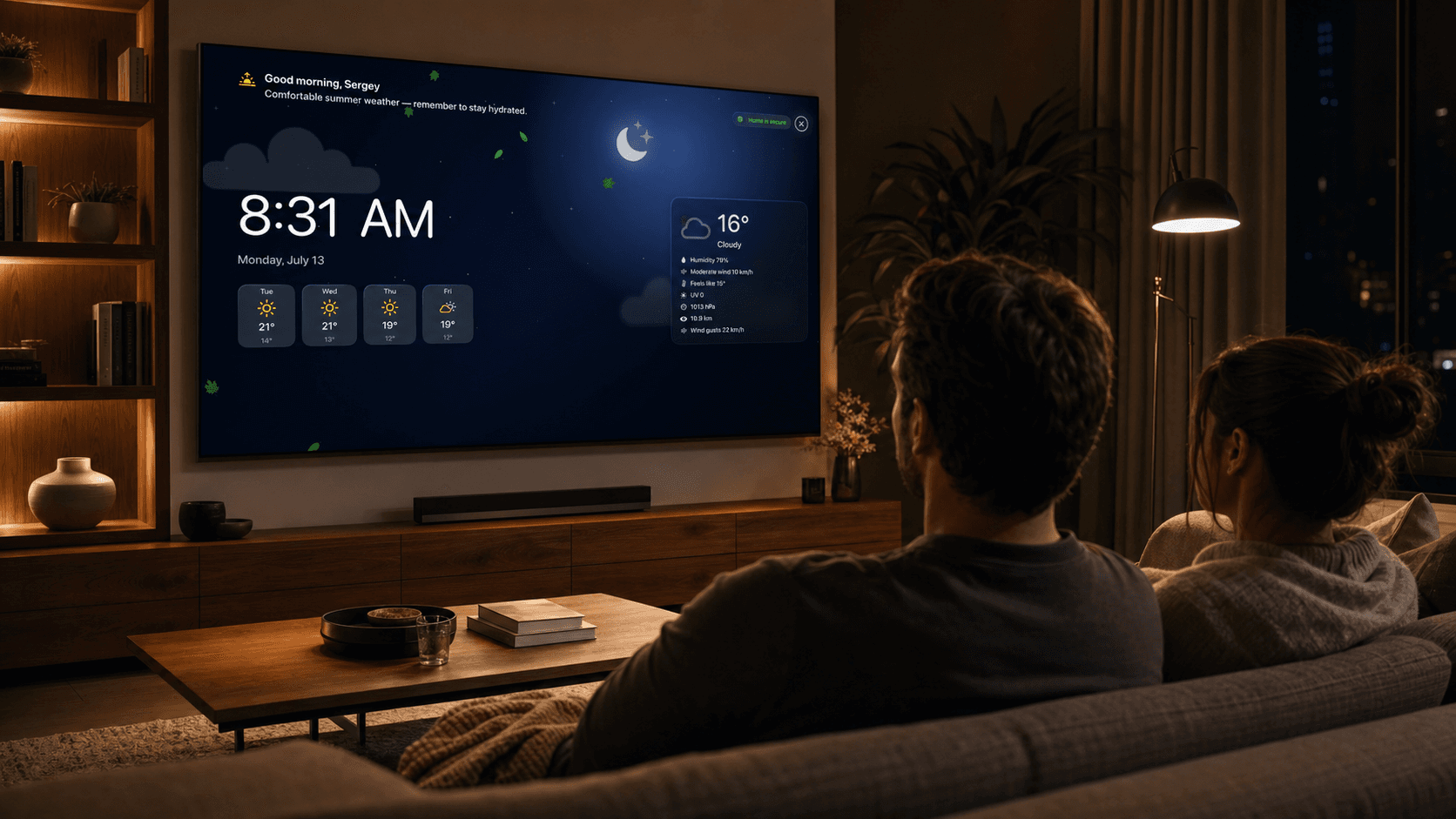 A couple relaxing in a warm living room while HomeDeck Ambient mode is displayed on the television