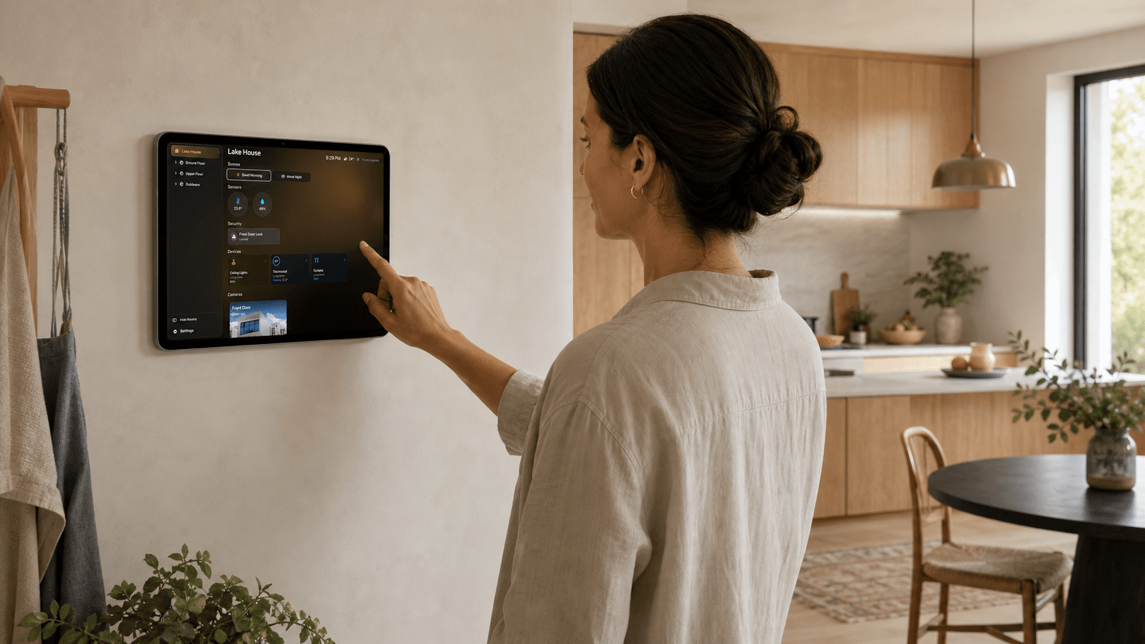 A wall-mounted iPad running HomeDeck in a bright kitchen and entryway