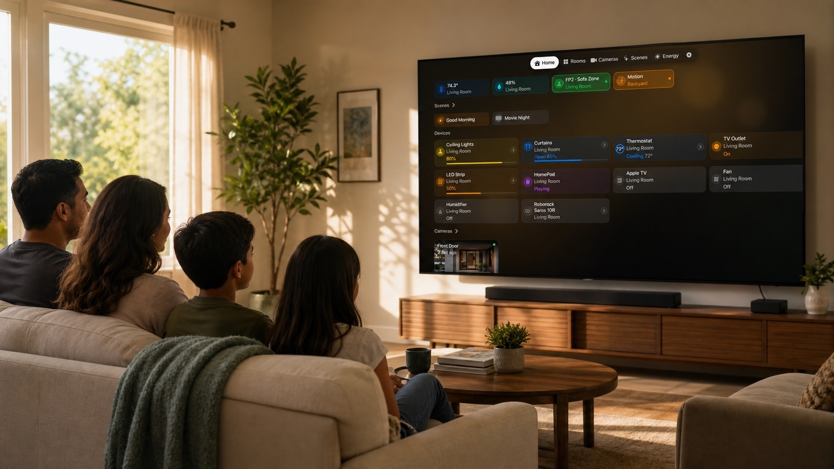 Eine lateinamerikanische Familie sieht eine kompakte HomeDeck-Übersicht auf Apple TV