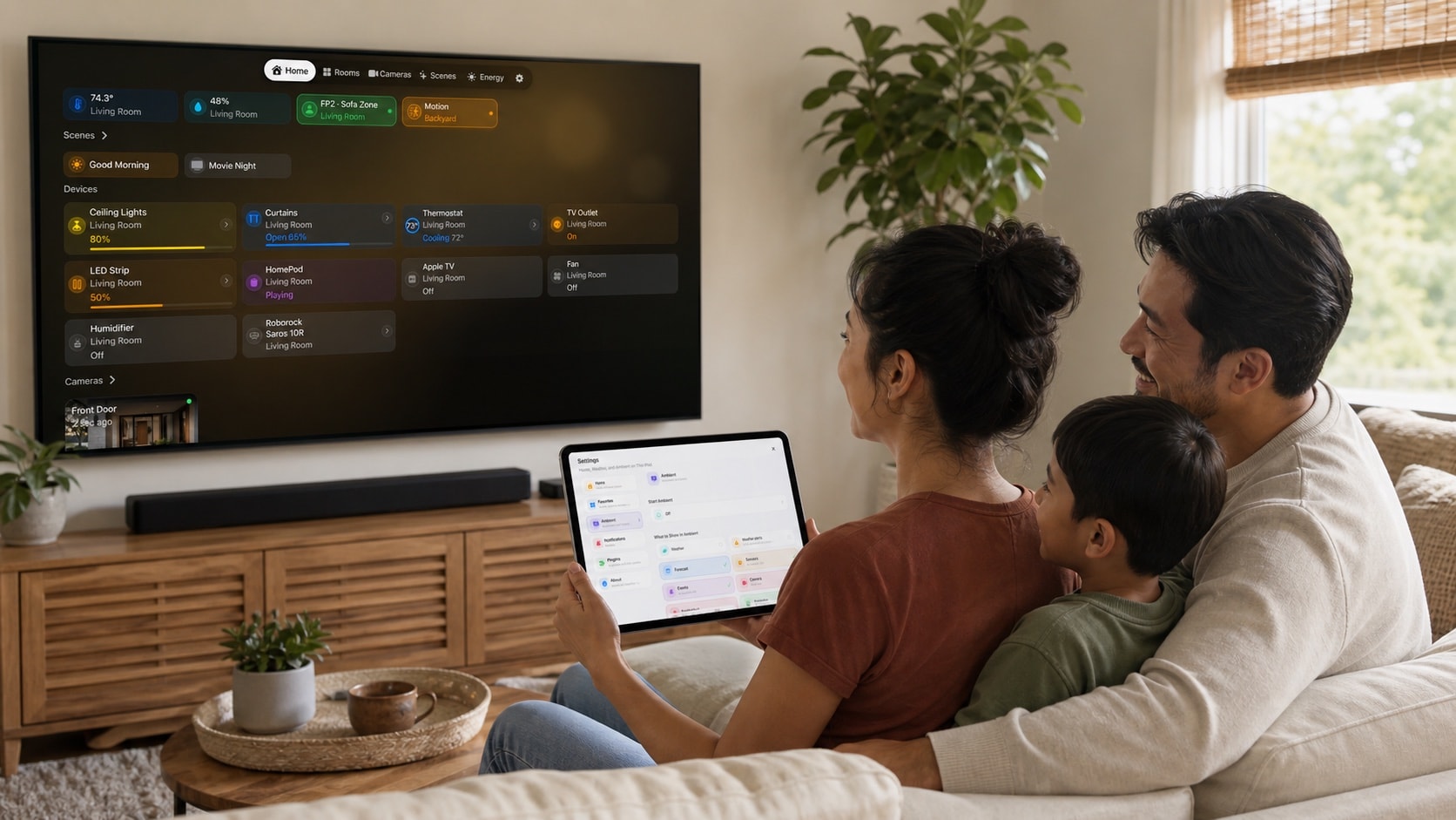 Eine gemischte Familie nutzt HomeDeck auf Apple TV und die Ambient-Einstellungen auf dem iPad