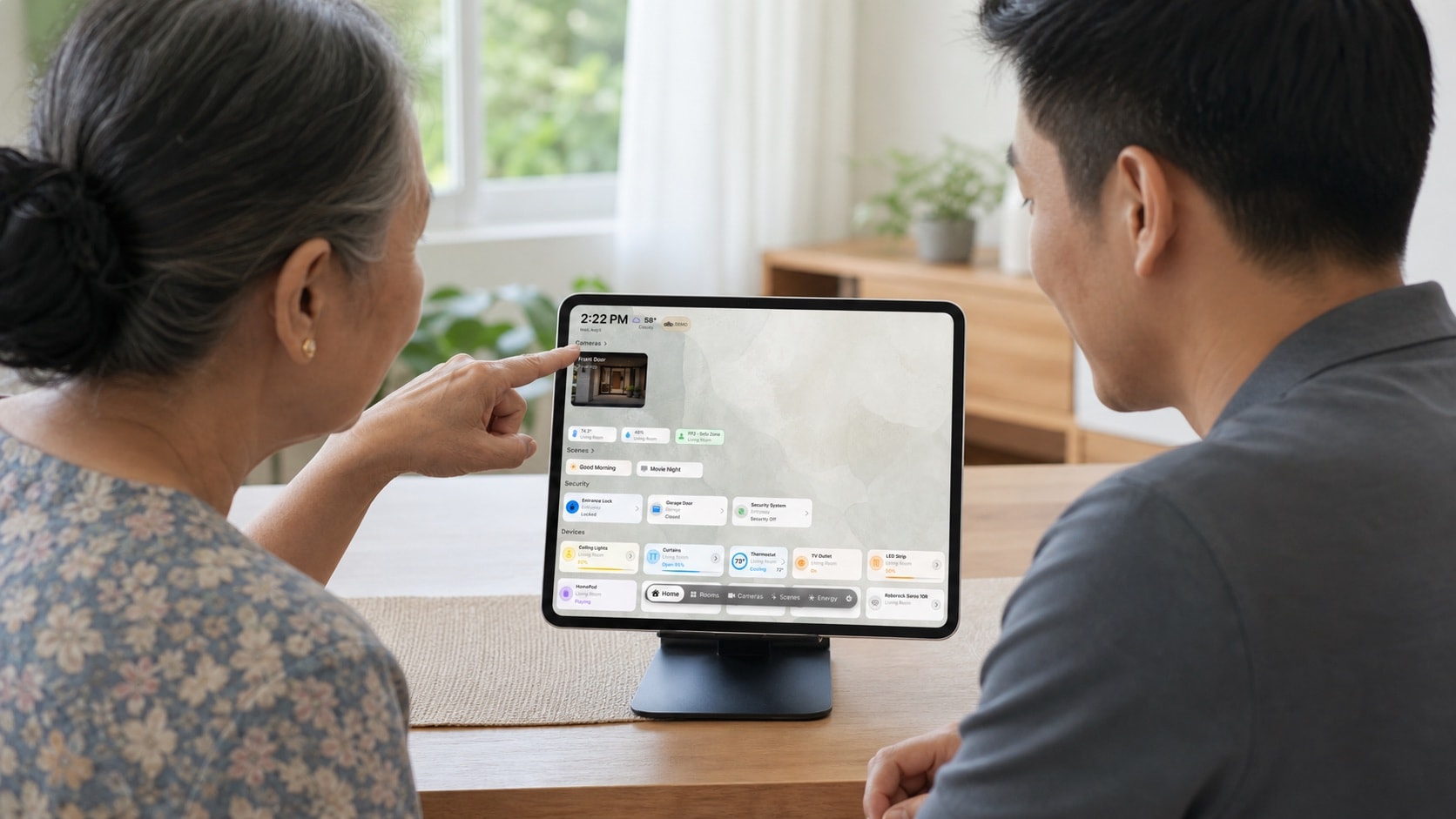 Eine Familie prüft die in HomeDeck angezeigten Daten