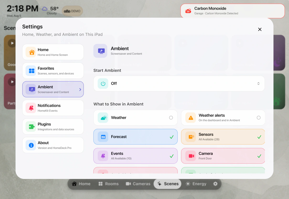 Die echten Ambient-Einstellungen von HomeDeck auf dem iPad