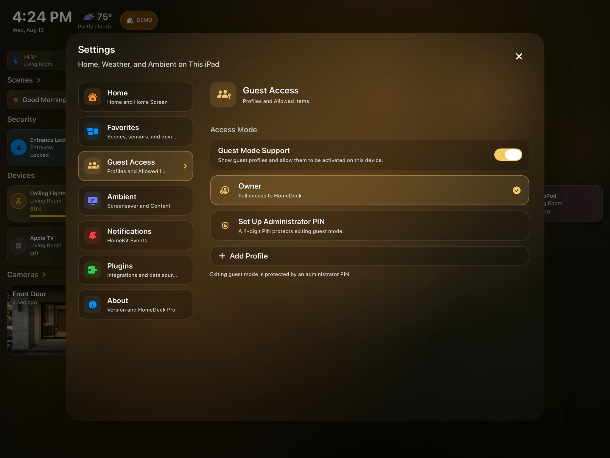 Réglages de l’accès invité HomeDeck sur iPad avec mode propriétaire protégé par un PIN administrateur