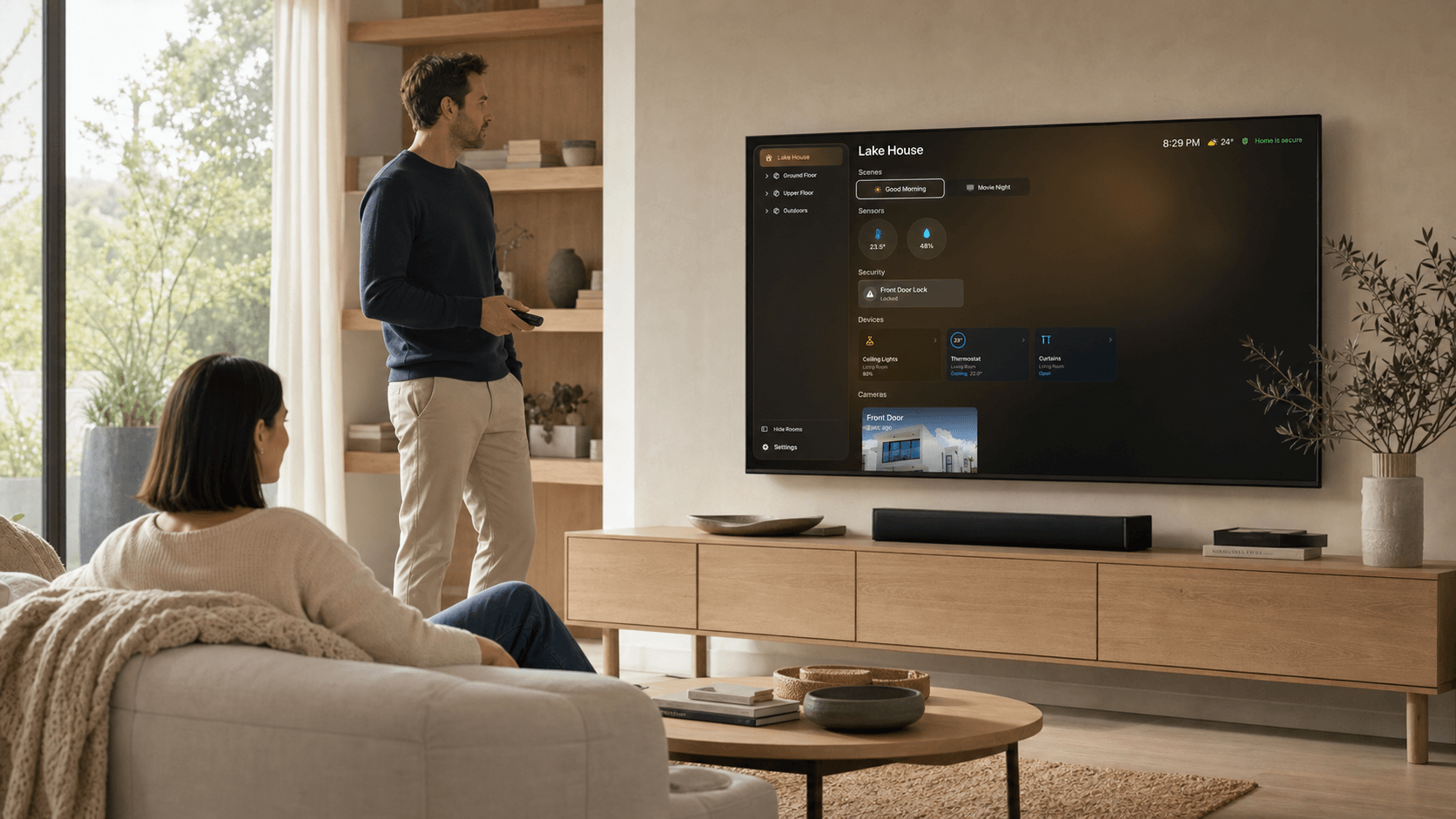 明るいリビングのテレビに表示されたHomeDeckダッシュボードと二人の人物