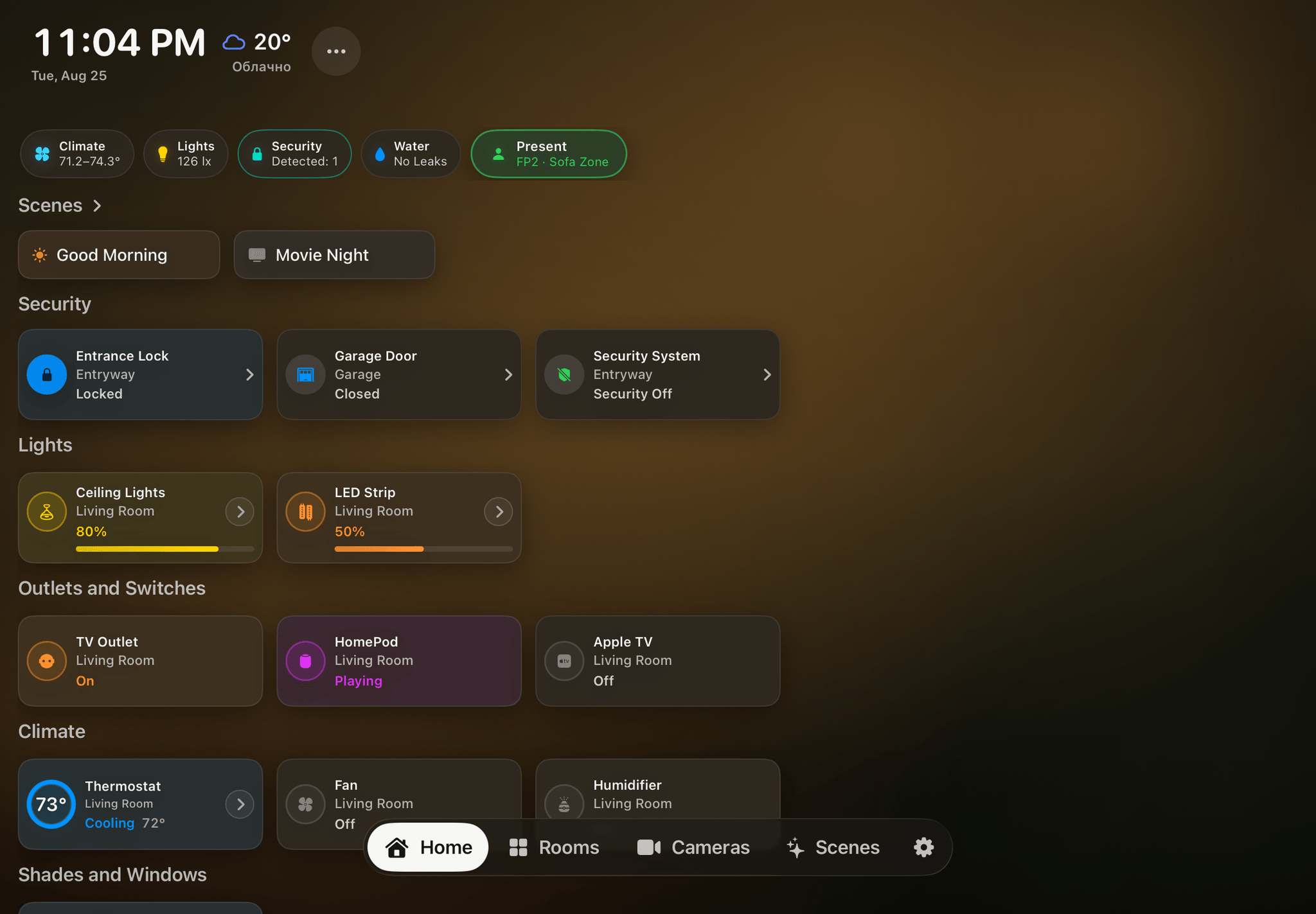 HomeDeck dashboard with cameras, scenes, security, and smart home controls on iPad