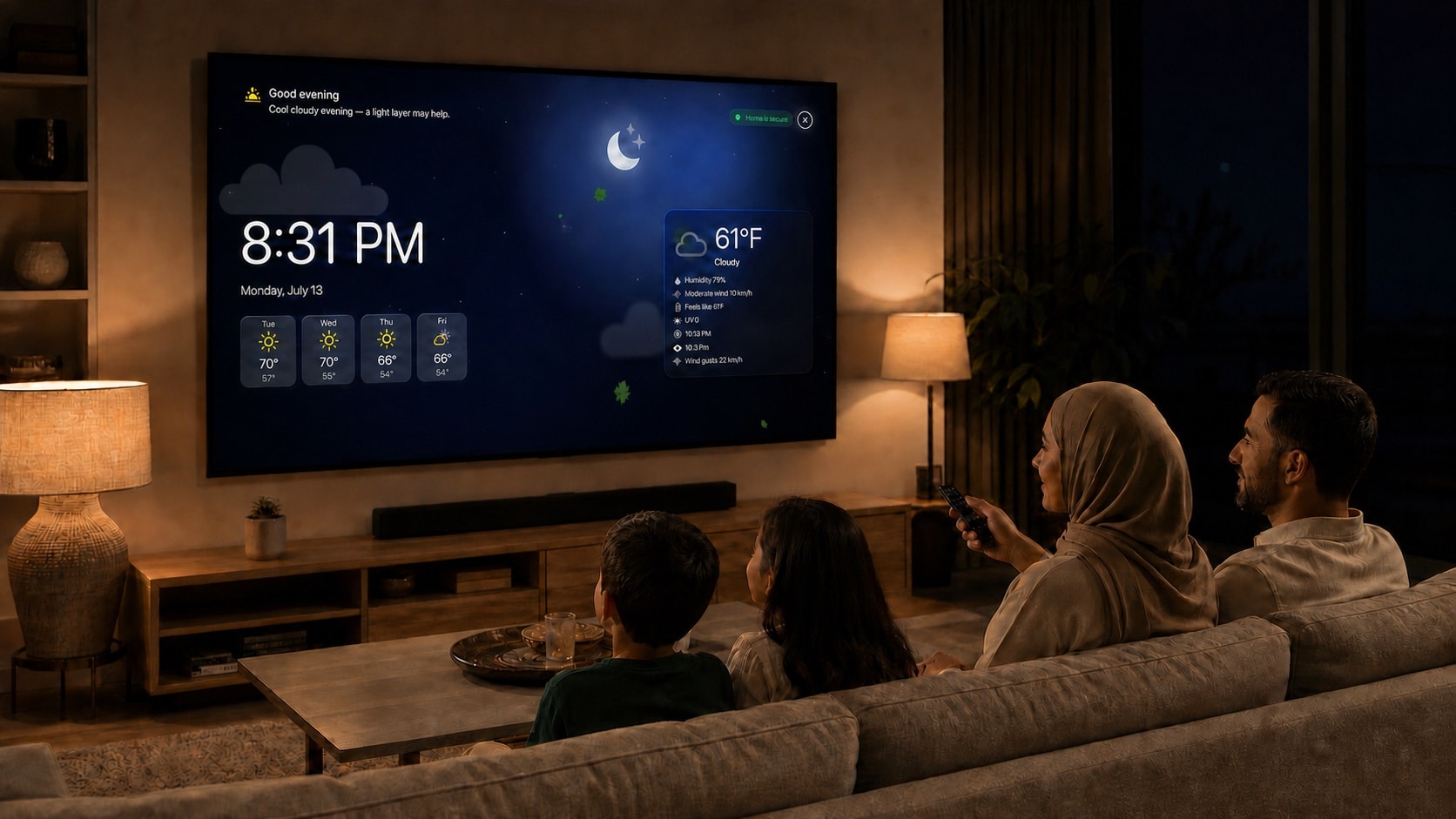 Eine nahöstliche Familie betrachtet nachts gemeinsam den HomeDeck-Ambient-Modus auf Apple TV