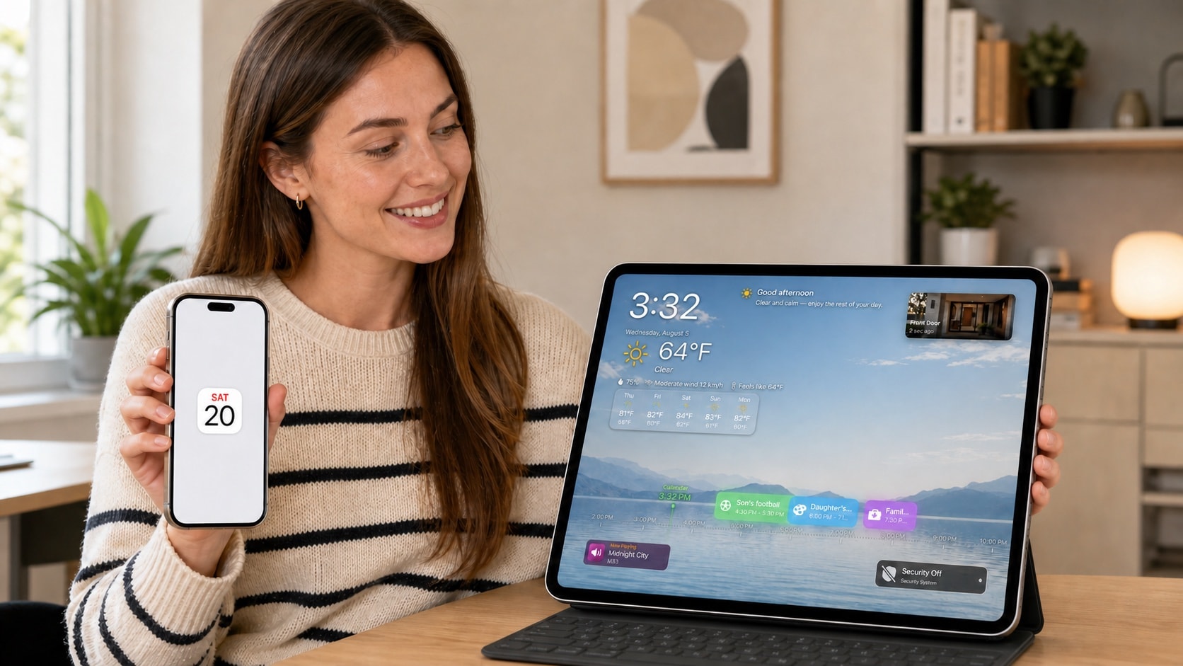 Une femme compare Calendrier sur iPhone au calendrier choisi dans HomeDeck