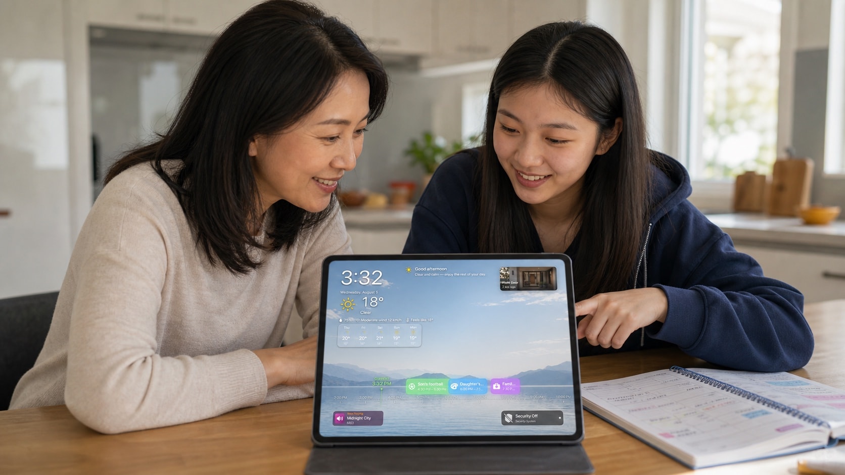Eine ostasiatische Mutter und Tochter planen ihre Woche mit dem HomeDeck-Kalender auf einem iPad