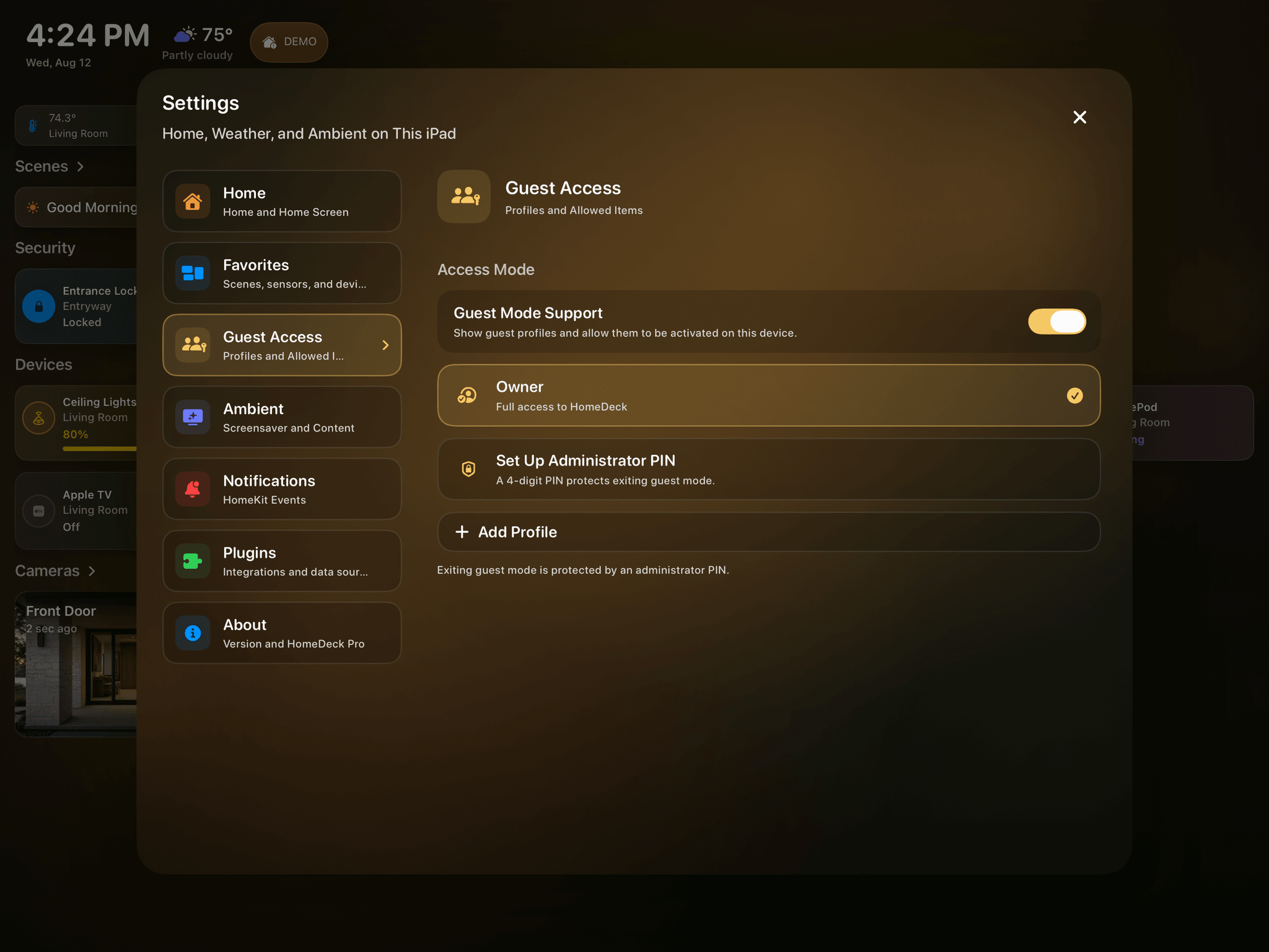 The real English Guest Access settings screen in HomeDeck on iPad