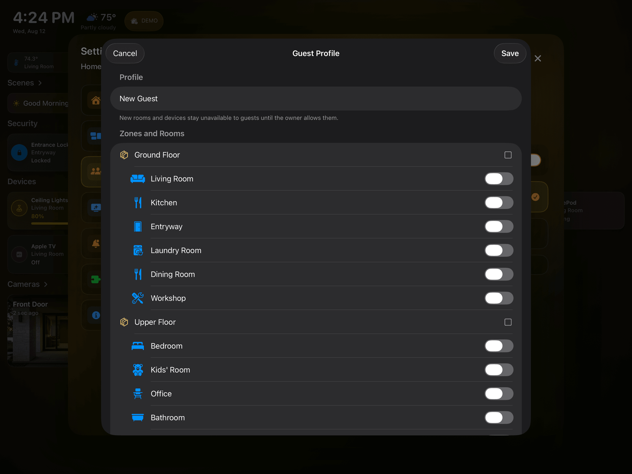 The real English guest profile editor in HomeDeck on iPad