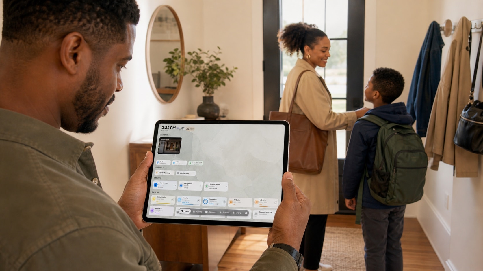 Eine schwarze Familie bereitet sich auf den Aufbruch vor, während HomeDeck auf dem gemeinsamen iPad geöffnet ist
