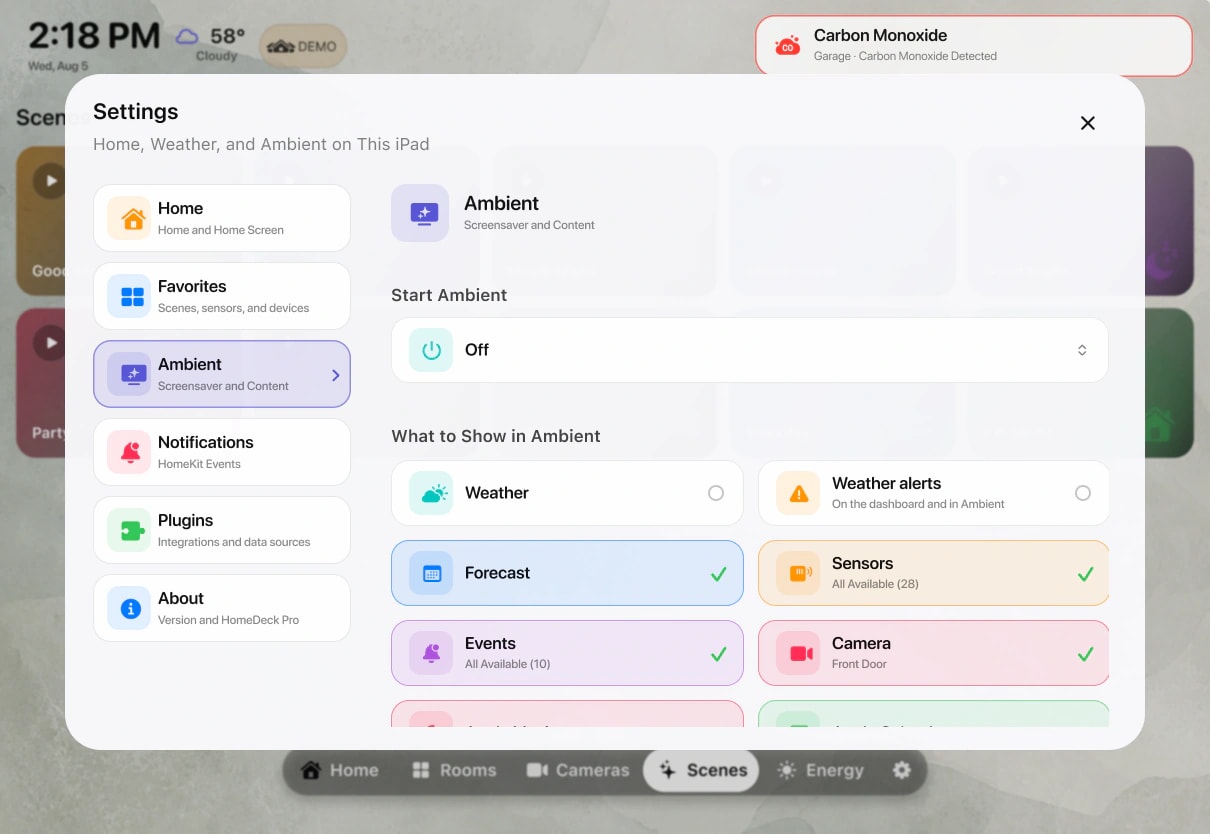 iPadの実際のHomeDeck Ambient設定画面